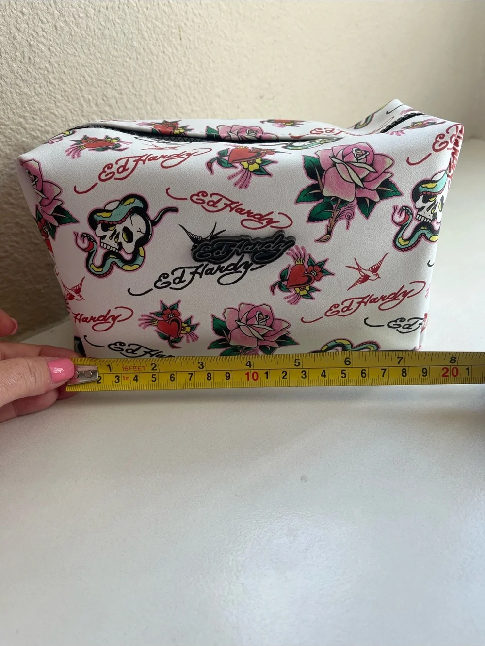 Ed Hardy White Floral & Tattoo-Print Makeup Cosmetic Pouch Tote Bag